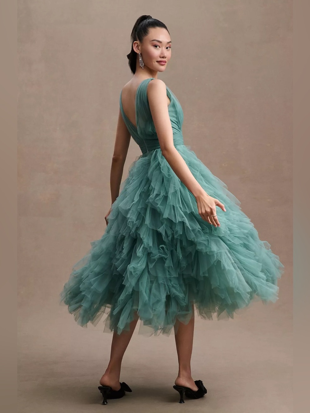 MAC DUGGAL
A-Line Deep-V Ruffled Tulle Midi Dress - Picture 3 of 10